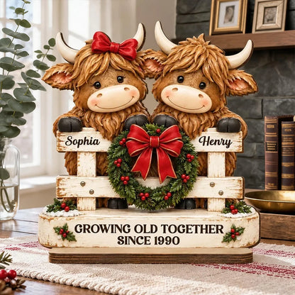 Personalized 2-Layer Wooden Plaque, Highland Cow Couple by a Christmas Fence, Unique Gift for Couples