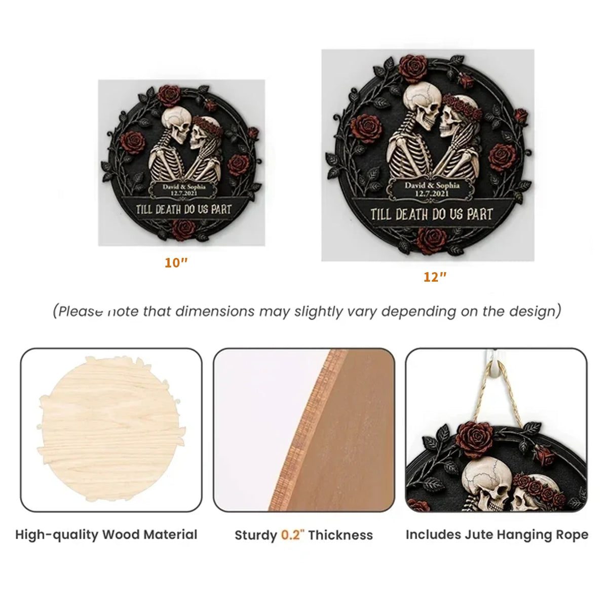 Personalized Wooden Sign, Gothic Embracing Skeleton Couple with Red Roses, Unique Anniversary Gift for Couples