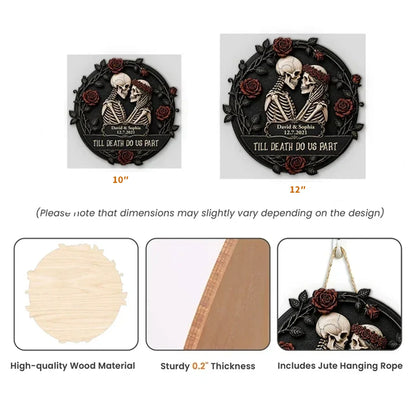 Personalized Wooden Sign, Gothic Embracing Skeleton Couple with Red Roses, Unique Anniversary Gift for Couples