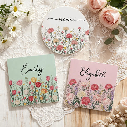 Round Ceramic Coaster, Personalized Floral Keepsake, Creative Gift for Friend, Sister or Coworker