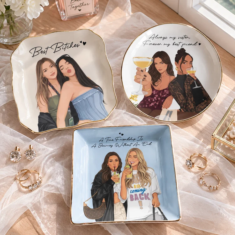 Personalized Jewelry Dish, Modern Friends Raising Glasses Illustration, Vanity Decor, Unique Gift for a Best Friend