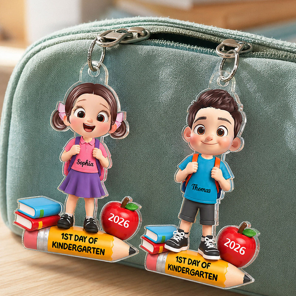 Personalized Acrylic Ornament, Colorful Cartoon Child Wearing Backpack in Classroom, Unique Kindergarten Gift