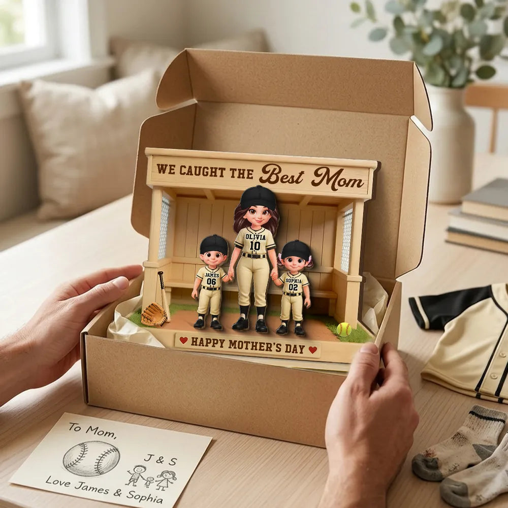 We Caught The Best Mom 2-Layer Wooden Plaque, Personalized Softball Dugout Family Keepsake, Heartfelt Gift