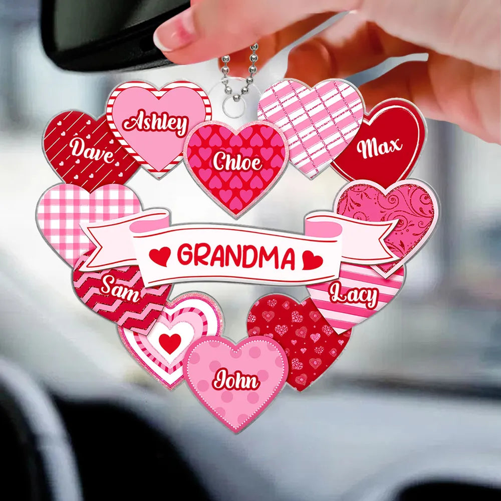 Grandma Sweethearts Acrylic Car Hanger, Personalized Heart Mirror Charm for Daily Smiles, Thoughtful Gift for Grandma