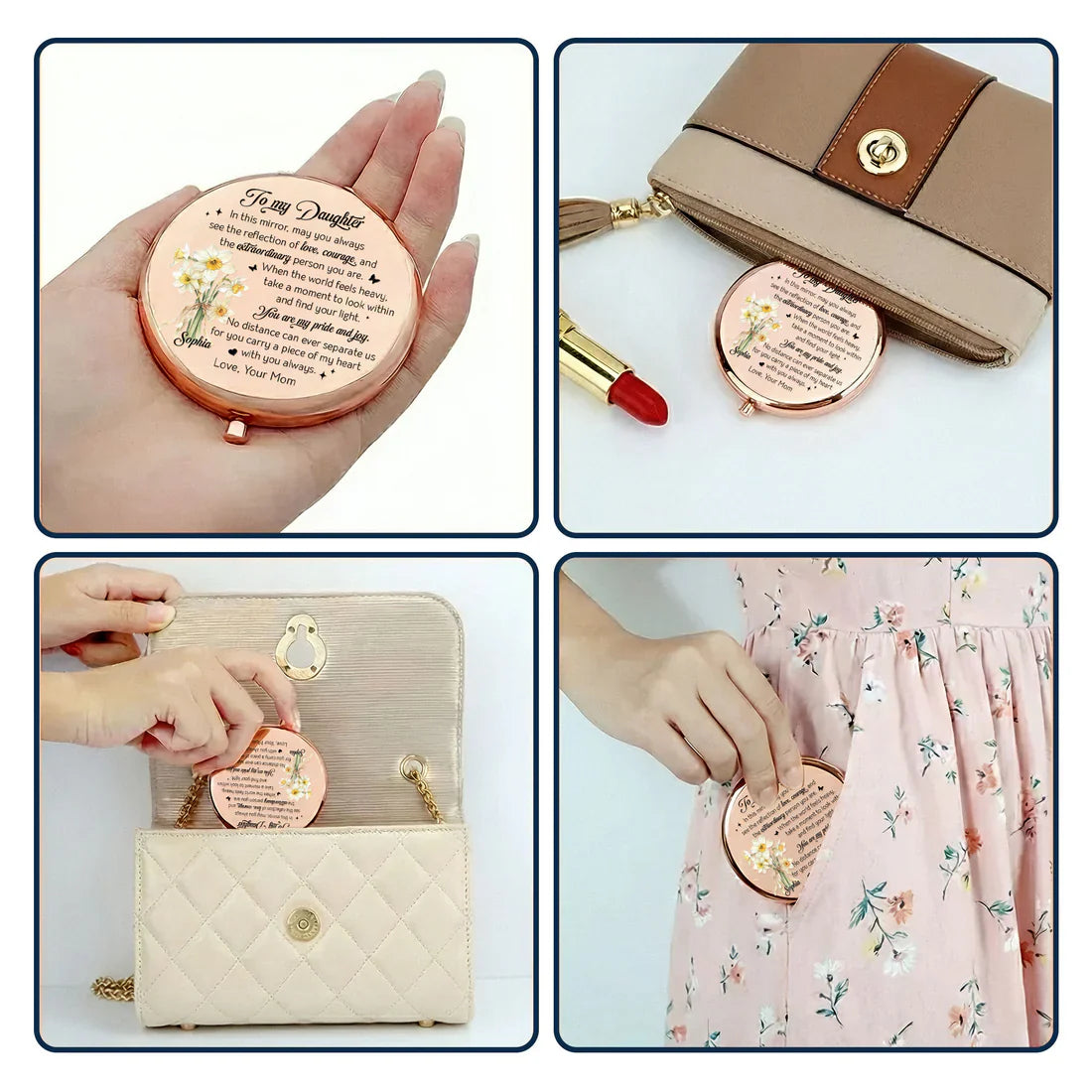 To My Daughter Personalized Metal Compact Mirror, Sweet Encouraging Note with Floral Design, Unique Gift She'll Carry Daily
