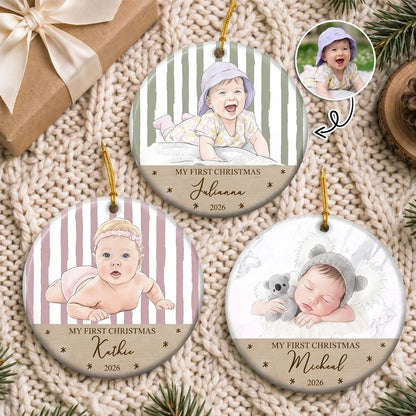 Personalized Ceramic Ornament, AI-Styled Smiling Baby Photo, First Christmas Keepsake, Unique Gift for Parents