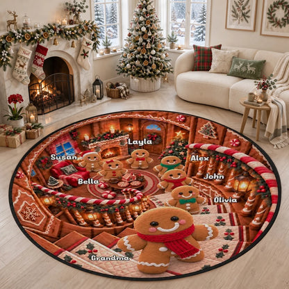 Round Quilted Mat, Personalized Gingerbread Family by Fireplace, Heartwarming Creative Gift for Family