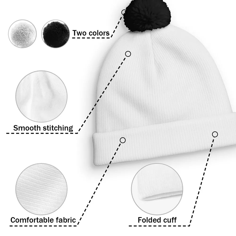 Dog Dad Bobble Beanie Hat, Custom Cartoon Owner Sitting with Pup on Black Plaid, Cozy Everyday Gift
