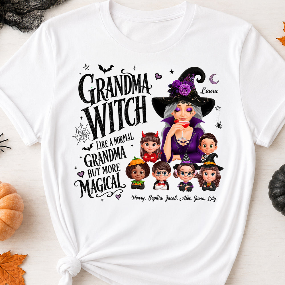 Personalized Grandma Witch Classic Tee, Sipping Witch & Grandkid Art, Unique Halloween Gift For Grandma