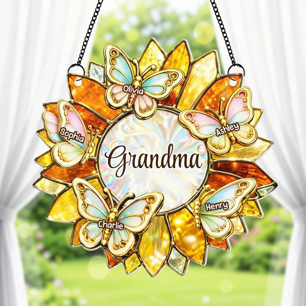 Grandma Sunflower Acrylic Suncatcher Ornament With Butterflies, A Sweet Personalized Gift That Lights Up Her Window