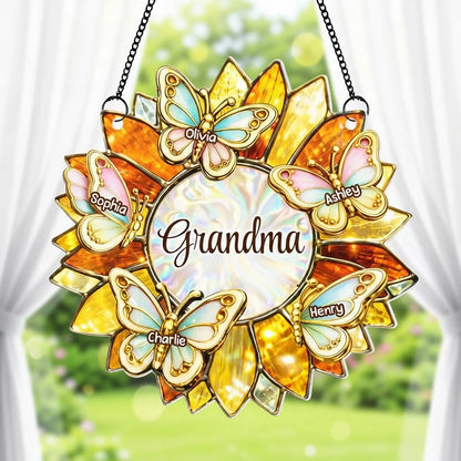 Grandma Sunflower Acrylic Suncatcher Ornament With Butterflies, A Sweet Personalized Gift That Lights Up Her Window