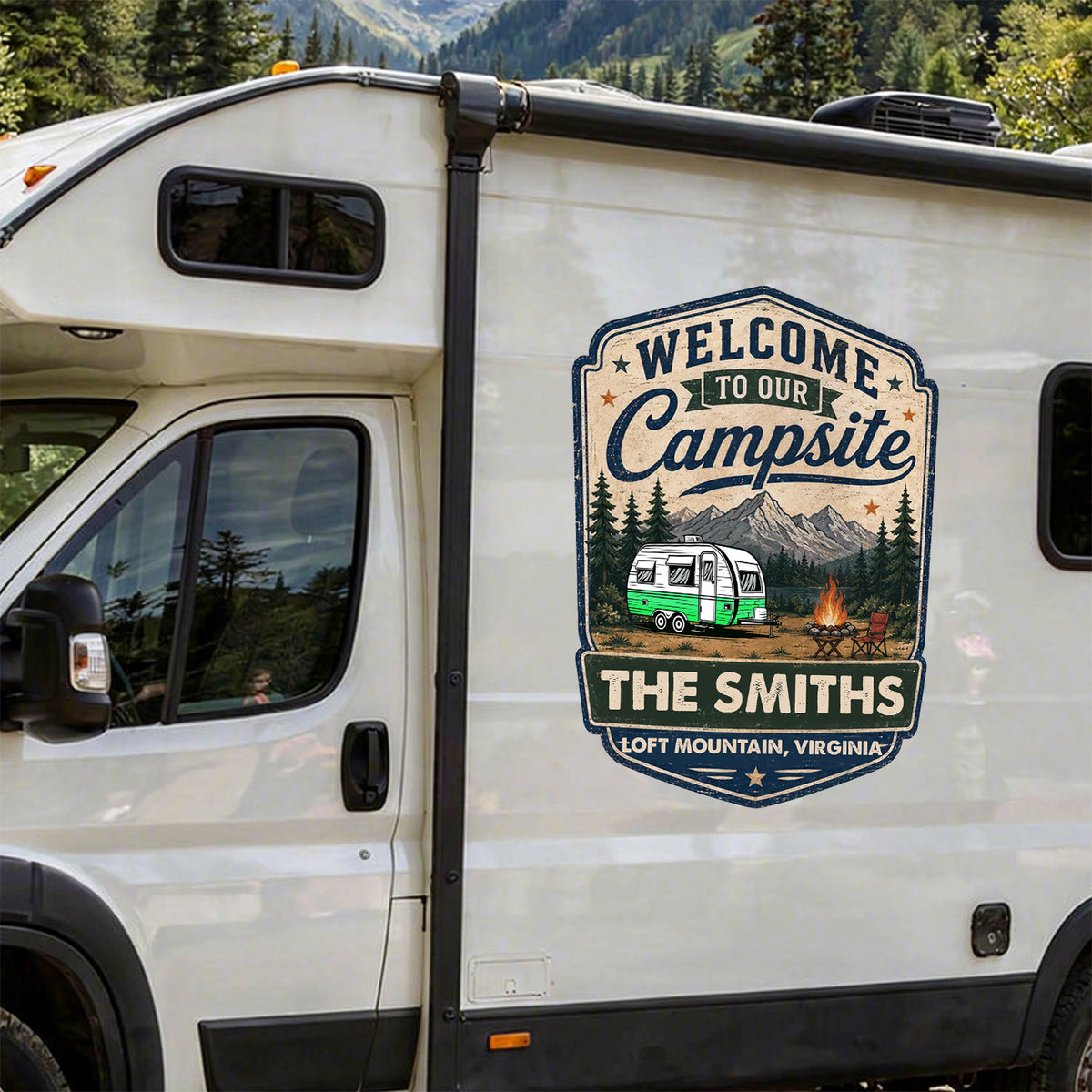 Personalized Campsite Sticker Decal, Vintage Camper & Mountain Scene, Unique Gift for Campers