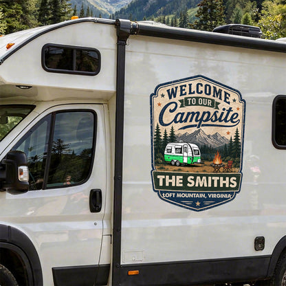 Personalized Campsite Sticker Decal, Vintage Camper & Mountain Scene, Unique Gift for Campers