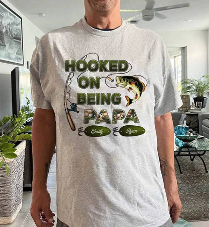 "Personalized Grandpa Fishing T-Shirt/Hoodie - Hooked on Being Grandpa - Ideal Father's Day or Birthday Gift"