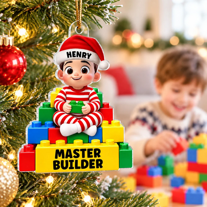 Personalized Acrylic Ornament, Little Master Builder by a Christmas Tree, Creative Gift for Son or Grandson