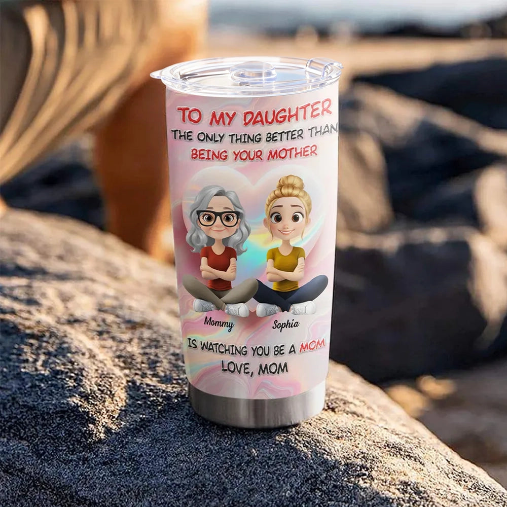 Personalized Insulated Travel Tumbler with Cute Mom and Daughter Cartoon, Heart Background, Unique Mother's Day Gift