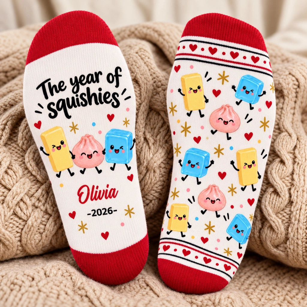 Personalized The Year of Squishies Crew Socks, Playful Kawaii Cartoon Design, Custom Name and Year, Fun Christmas Gift