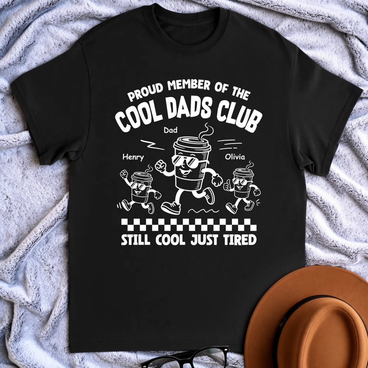 Personalized Classic Tee for Dad, Cool Dads Club Coffee Cartoon, Unique Gift for Proud Tired Dads