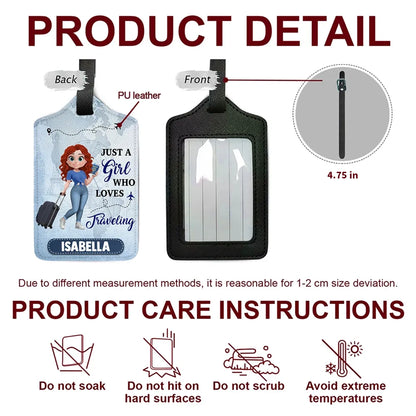 Personalized Leather Luggage Tag Just a Girl Who Loves Traveling Cartoon Design - Unique Travel Gift