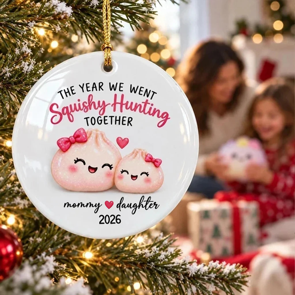 Personalized Ceramic Ornament, Pink Cartoon Mommy Daughter Squishy Hunting Together, Unique Gift for Mom