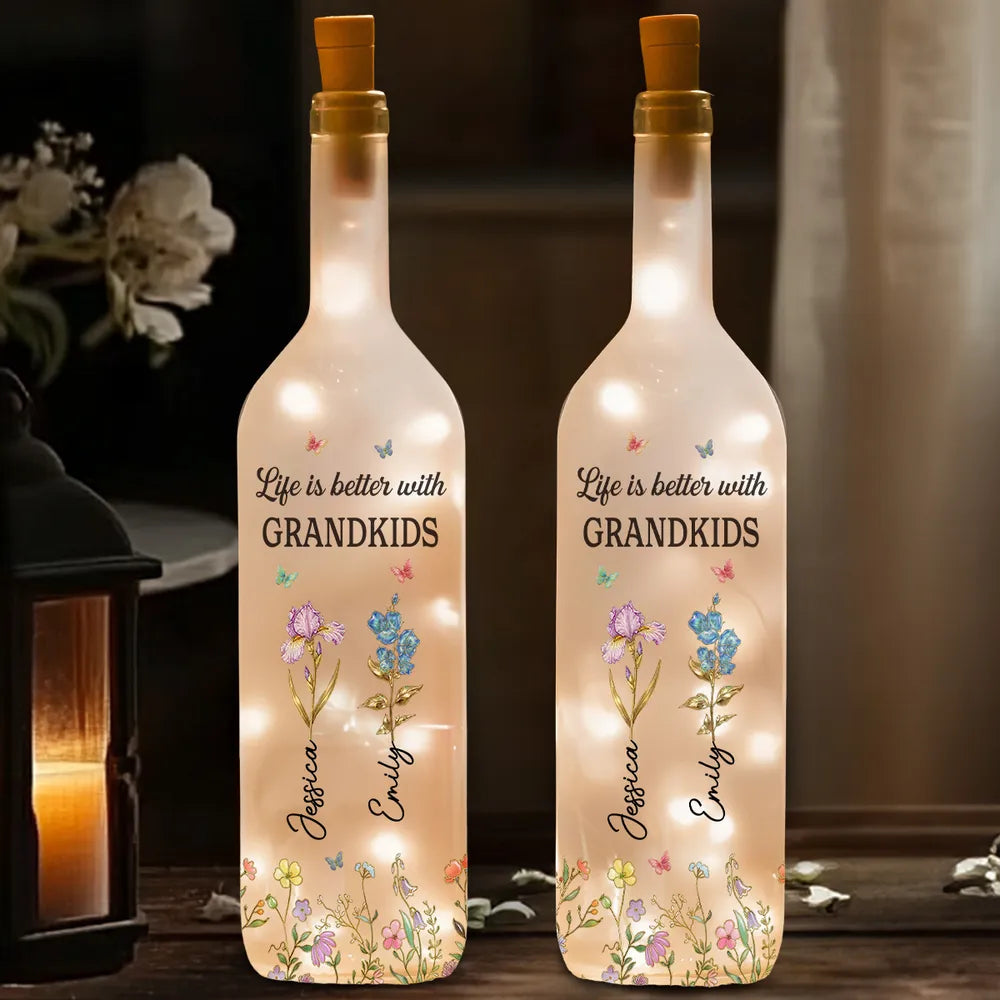 Bottle Lamp Personalized for Grandkids, Soft Warm Ambient Light with Wildflowers, Thoughtful Home Decor Gift for Grandma