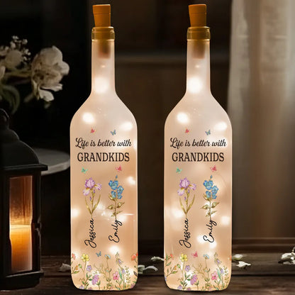 Bottle Lamp Personalized for Grandkids, Soft Warm Ambient Light with Wildflowers, Thoughtful Home Decor Gift for Grandma