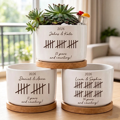 Ceramic Planter with Tray, Personalized Tally Mark Keepsake, Creative Romantic Gift for Wife or Girlfriend