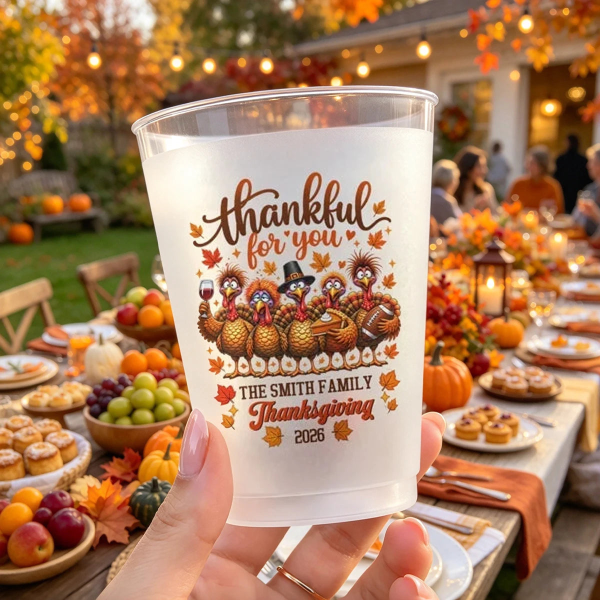 Personalized Frosted Plastic Cup, Thankful Turkey Design for Thanksgiving Dinner, Unique Family Gift