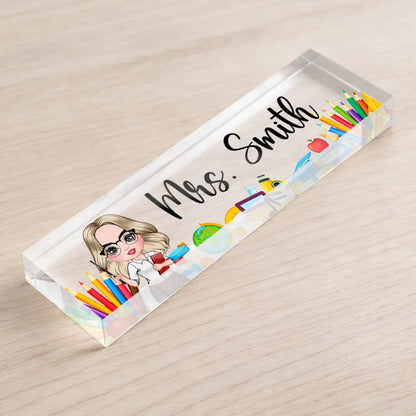 Rectangle Acrylic Block Plaque Personalized for a Teacher, Cute Classroom Desk Decor with Pencils and Books, Thoughtful Gift