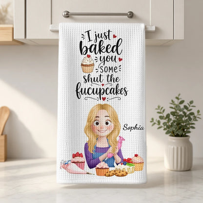 Personalized Kitchen Towel with Cartoon Baker & Cupcakes, Unique Creative Gift for Home Cook