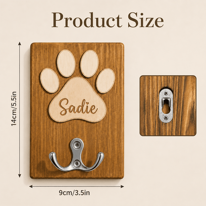 Personalized Wooden Pet Leash Holder with Paw Print Design, Custom Dog Leash Hook for Entryway Decor & Pet Lover Gift