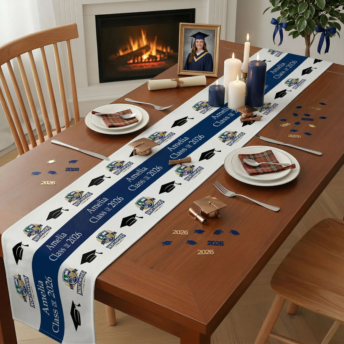 Custom Graduation Table Runner With Cap Icons and Bold Blue Layout, Graduation Party Centerpiece, Creative Gift