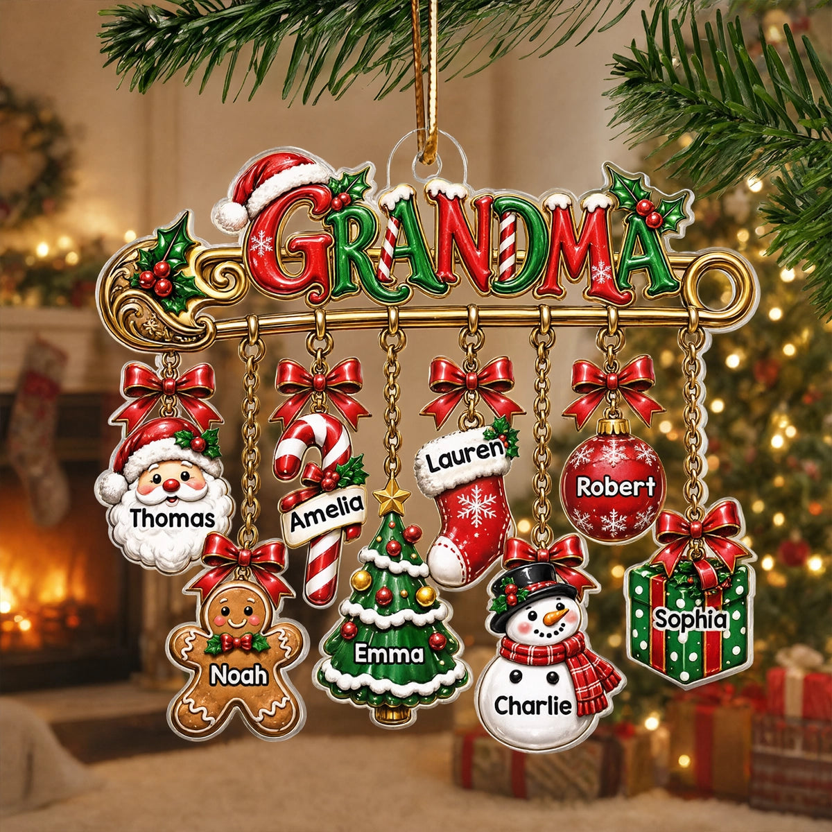 Personalized Acrylic Ornament, Grandma Safety Pin with Hanging Christmas Charms, Unique Gift for Grandma