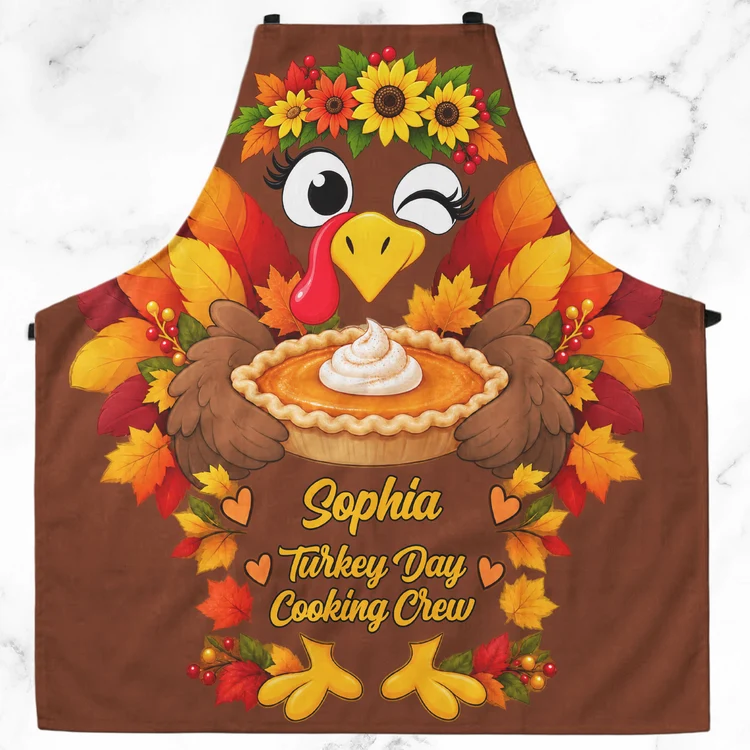 Personalized Thanksgiving Aprons, Smiling Family Cooking Crew in a Warm Fall Kitchen, Unique Gift