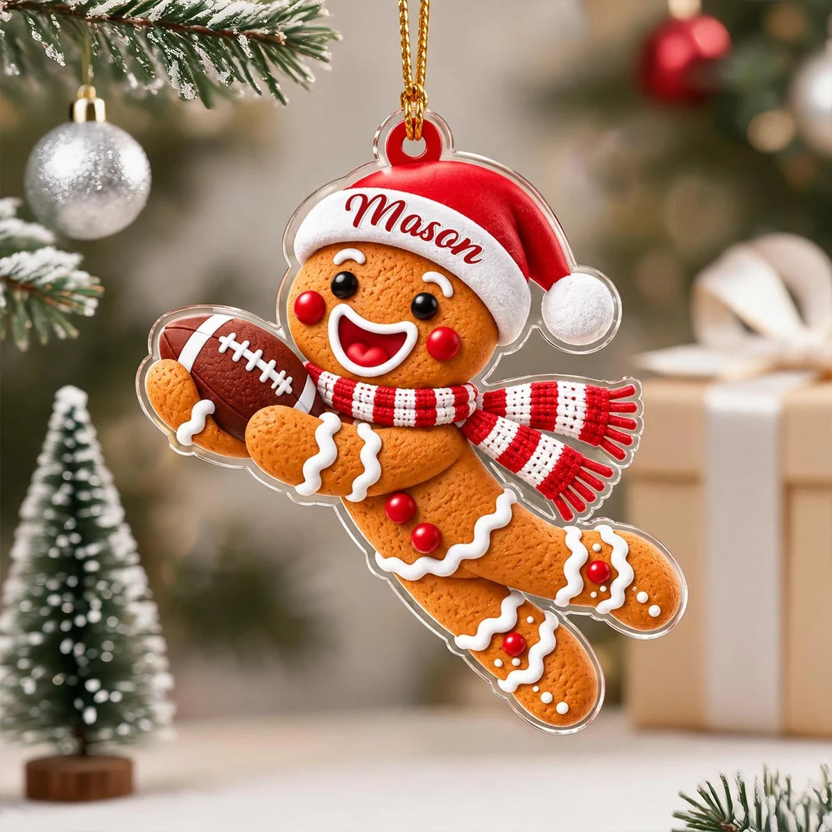 Personalized Acrylic Ornament, Gingerbread Football Player on a Christmas Tree, Unique Gift for Sports Lovers