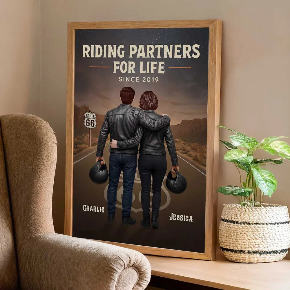 Personalized Biker Couple Poster, Riding Partners for Life Road Scene Wall Art, Unique Gift for Him & Her