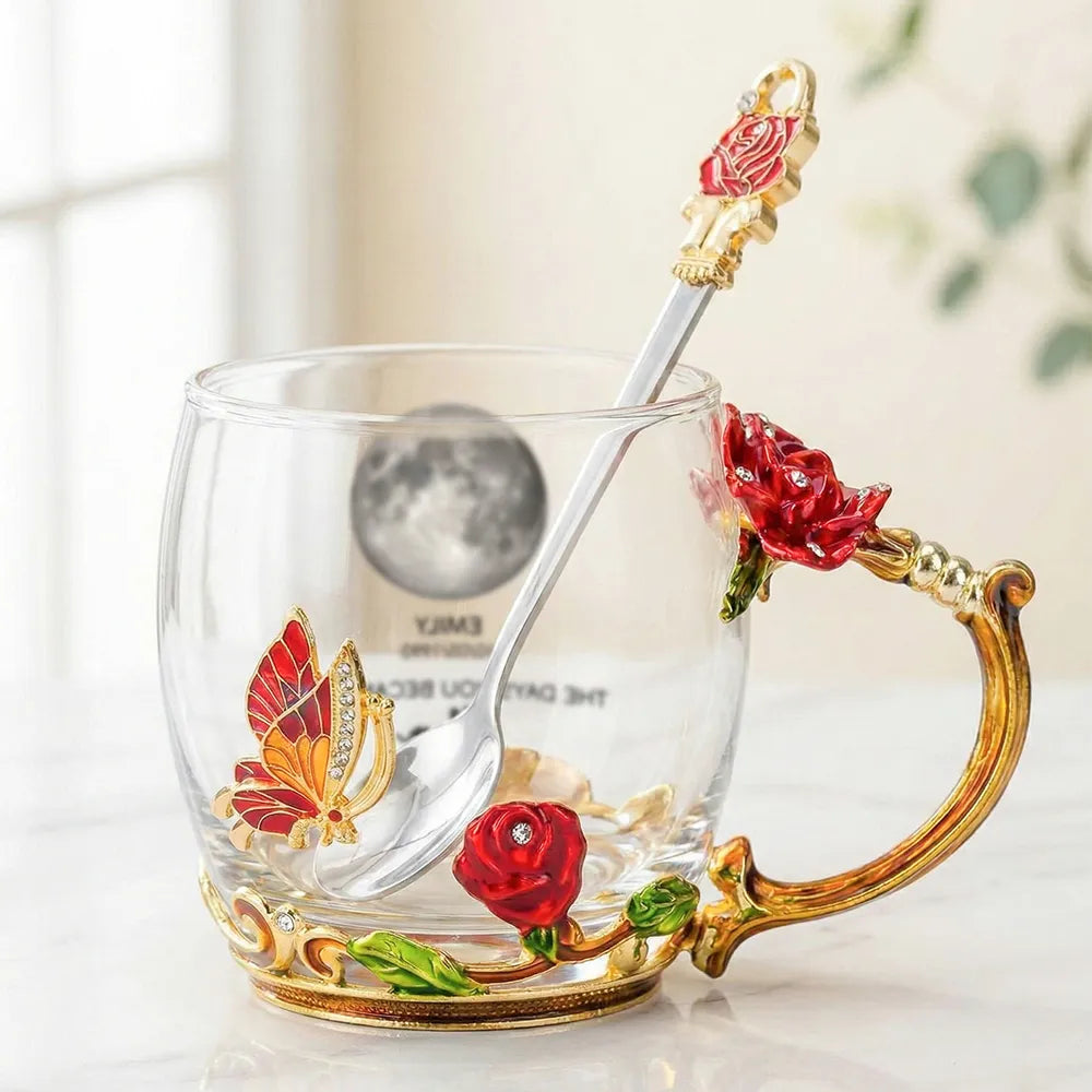 Personalized Enamel Flower Tea Cup with Custom Moon Phase for Mom - A Unique Gift That Celebrates Her Story