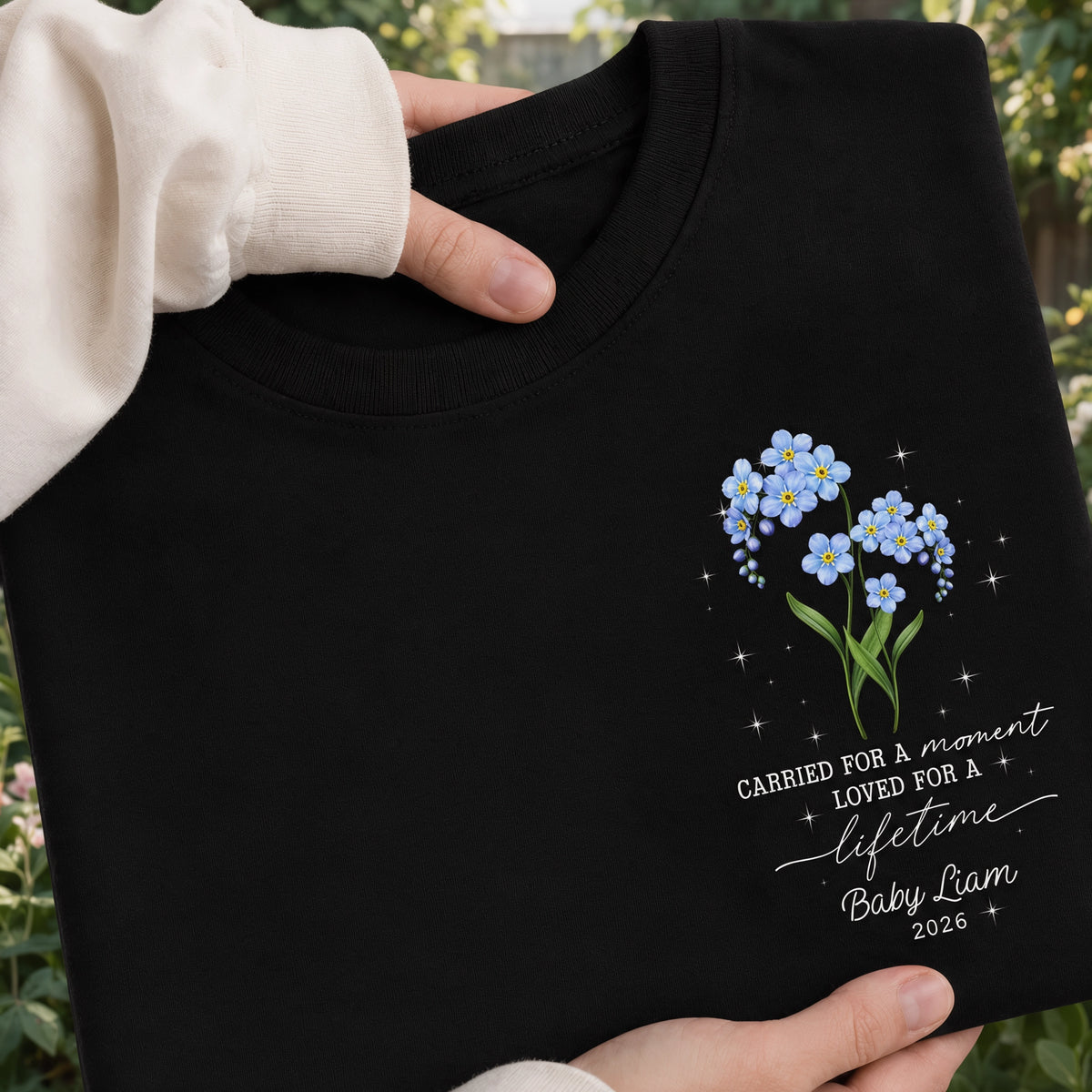 Personalized Classic Tee, Tiny Bloom Memorial Design, Unique Gift for Grieving Parent