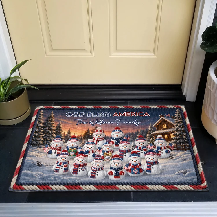 Personalized Snowman Family Doormat for America's 250th Anniversary, American Flag Christmas Decor