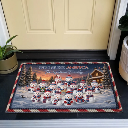 Personalized Snowman Family Doormat for America's 250th Anniversary, American Flag Christmas Decor