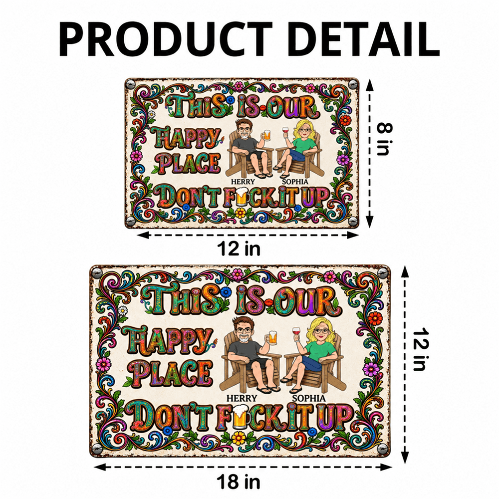 Personalized Couple Iron Sign, Vintage Floral Happy Place Sign, Funny Patio & Backyard Gift for Partners