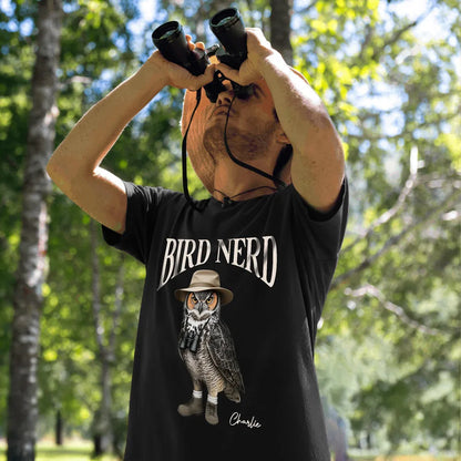 Personalized Bird Nerd Classic Tee with Owl in Hat and Binoculars, Funny Birdwatching Look, Unique Gift for Bird Lover