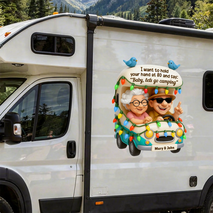 Personalized Sticker Decal, Colorful Cartoon Camping Couple in Camper, Unique Creative Gift for Husband and Wife