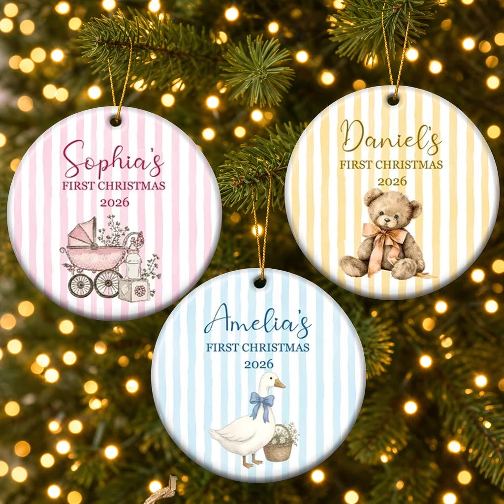 Personalized Baby's First Christmas Ceramic Ornament, Sweet Illustrated Keepsake, Creative Gift for Family