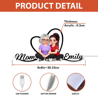 Mom and Daughter Forever Love Acrylic Light Box, Heart Backdrop Hugging Duo, Cozy Bedside Glow, Unique Gift for Mom