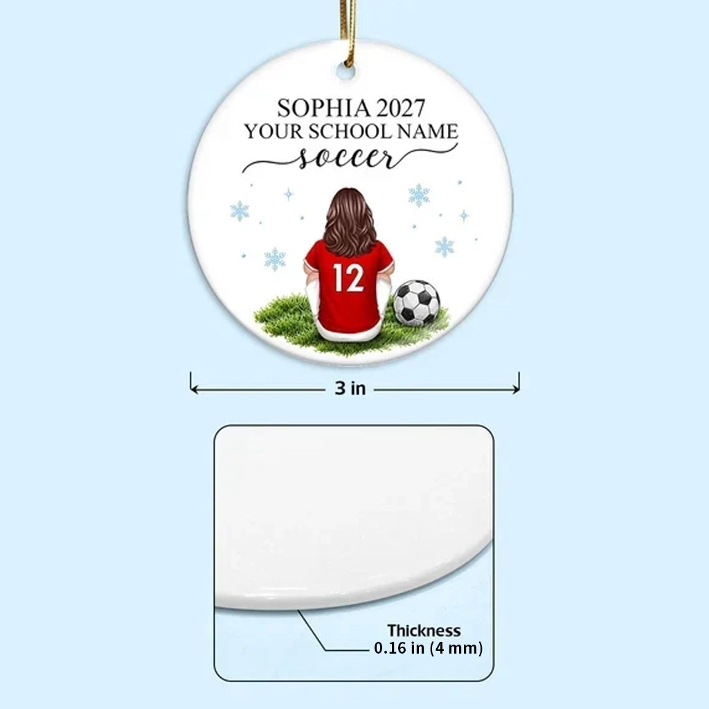 Personalized Ceramic Ornament, Seated Soccer Player in Red Jersey, Unique Christmas Gift for Athletes