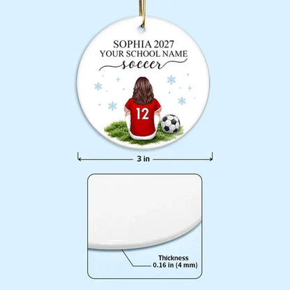 Personalized Ceramic Ornament, Seated Soccer Player in Red Jersey, Unique Christmas Gift for Athletes