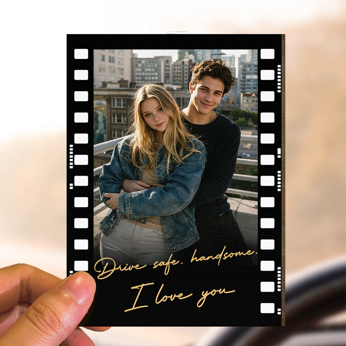 Wooden Car Hanger Personalized Photo Film Strip, Romantic Couple Keepsake for the Rearview Mirror, Thoughtful Gift for Partner
