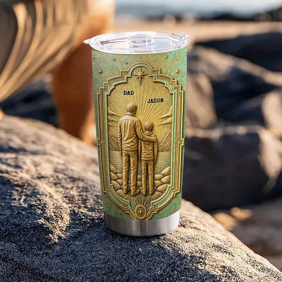 Personalized Insulated Travel Tumbler, Father and Son Arm in Arm Art, Creative Gift with a Proud Family Message