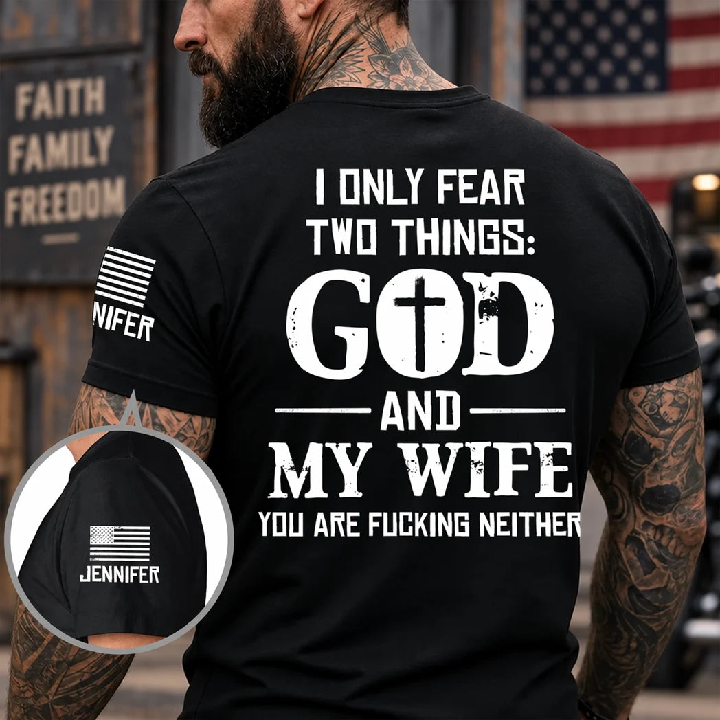 Personalized Dual Print Classic Tee, Bold God and Wife Quote with Sleeve Detail, Unique Gift for Husband